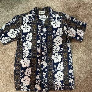Tropical Leaf Print Men's Shirt - Navy and White